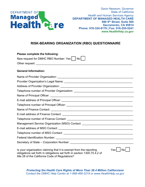 Risk-Bearing Organization (Rbo) Questionnaire - California Download Pdf