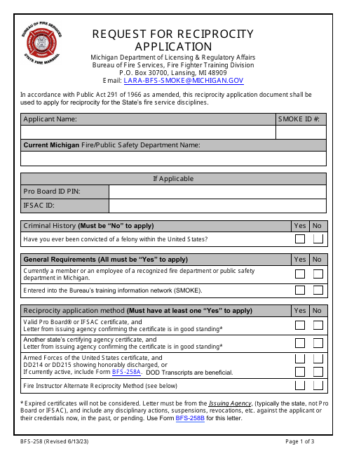 Form BFS-258 Request for Reciprocity Application - Michigan