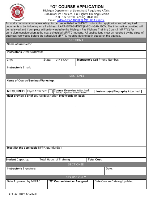 Form BFS-201 "q" Course Application - Michigan