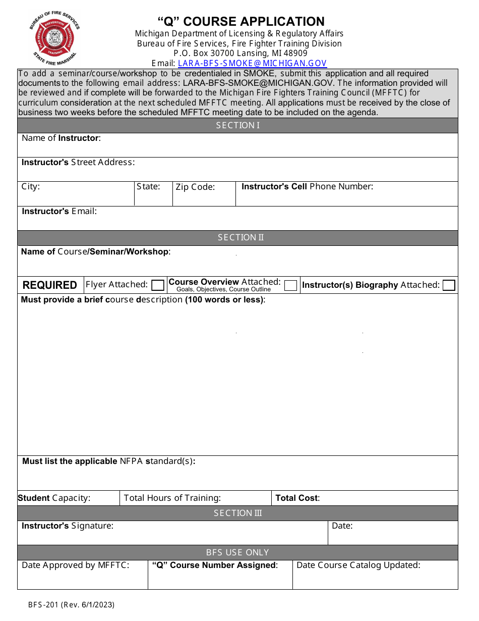 Form BFS-201 q Course Application - Michigan, Page 1