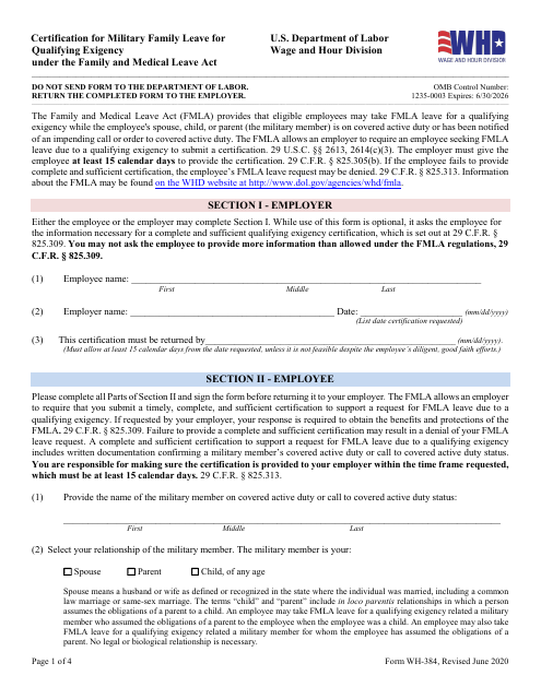 Form WH-384 Certification for Military Family Leave for Qualifying Exigency Under the Family and Medical Leave Act