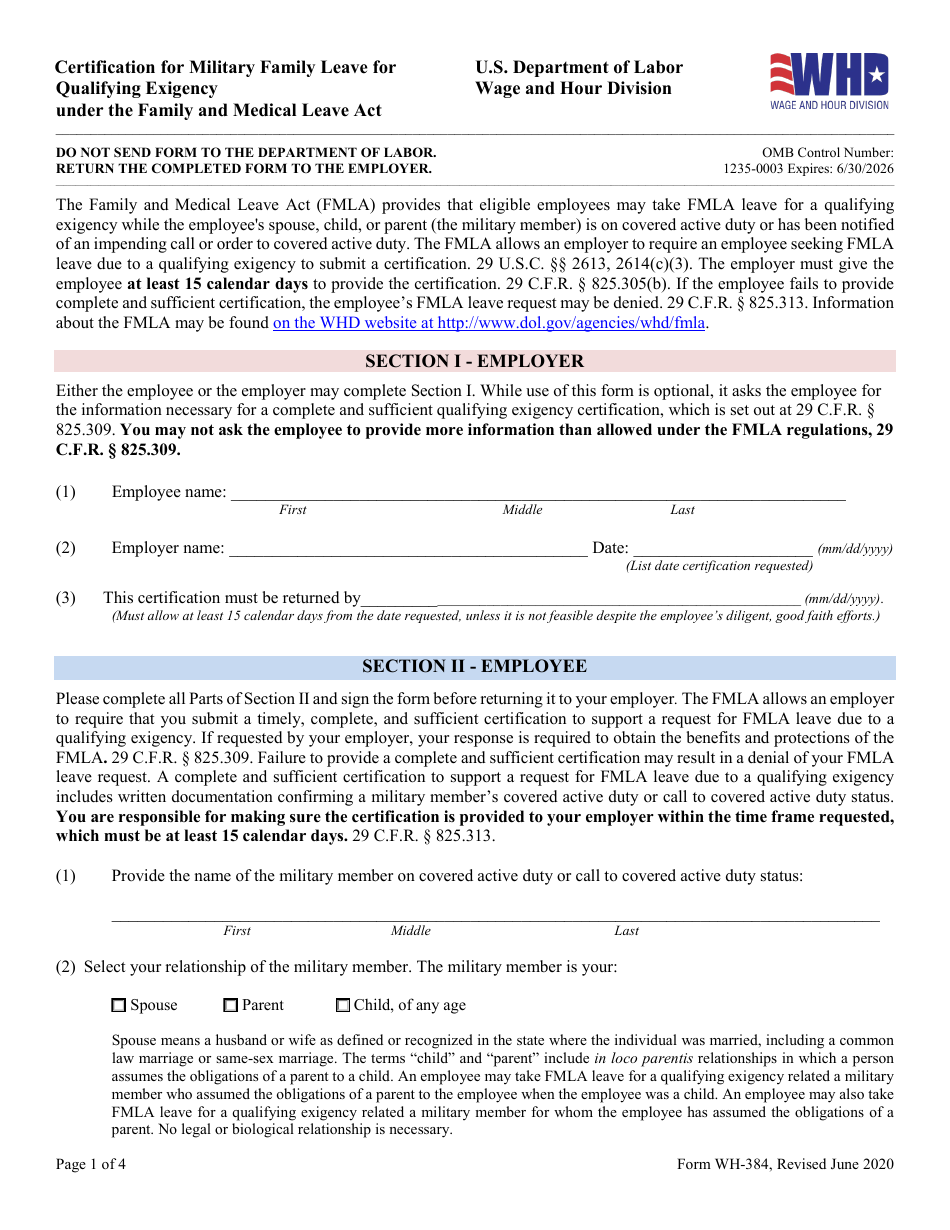 Form WH-384 Certification for Military Family Leave for Qualifying Exigency Under the Family and Medical Leave Act, Page 1