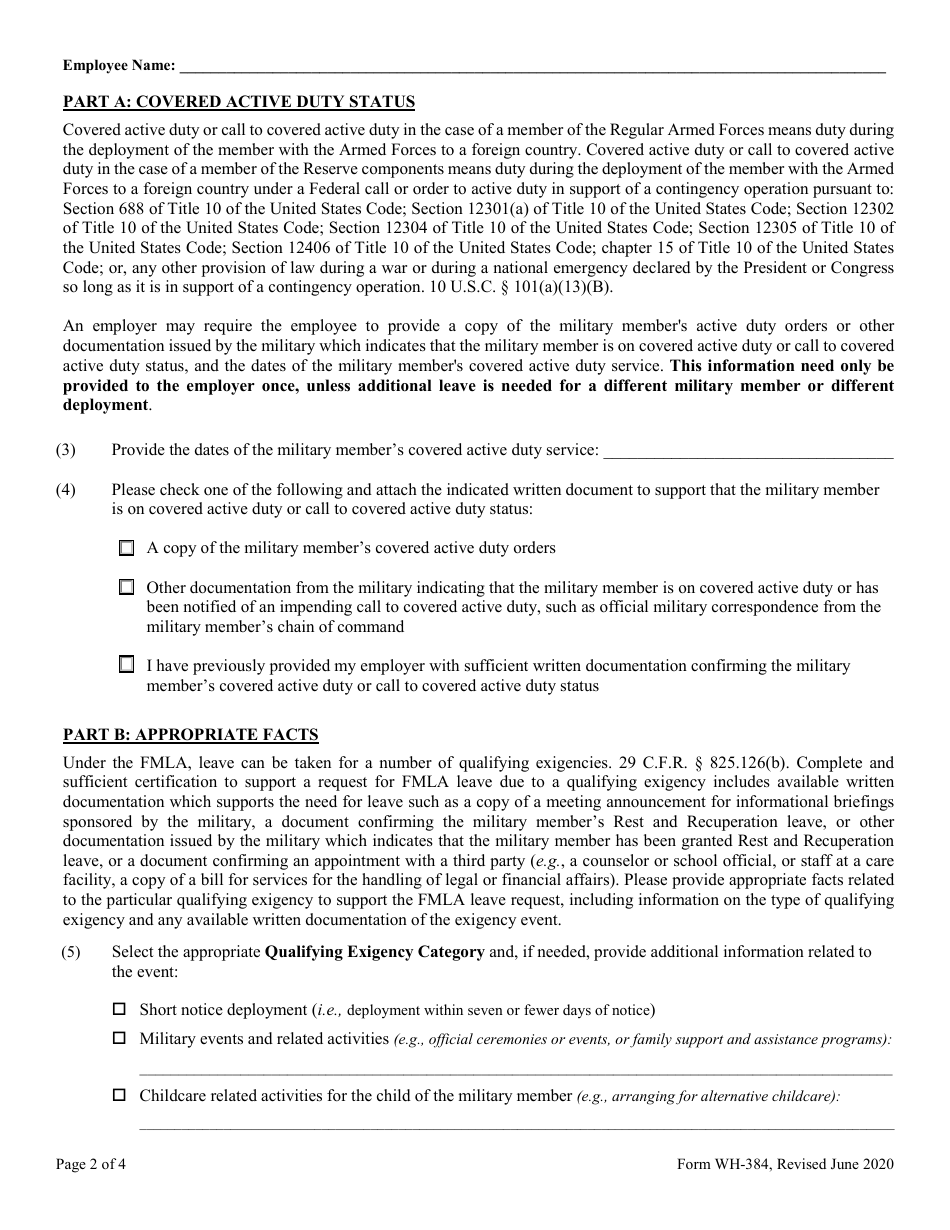 Form WH-384 Certification for Military Family Leave for Qualifying Exigency Under the Family and Medical Leave Act, Page 2