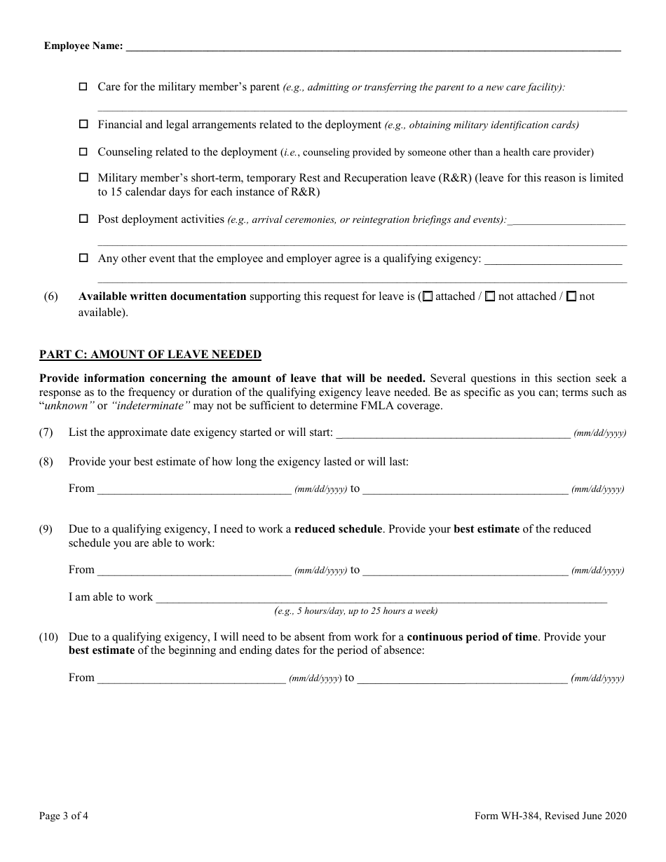 Form WH-384 Certification for Military Family Leave for Qualifying Exigency Under the Family and Medical Leave Act, Page 3