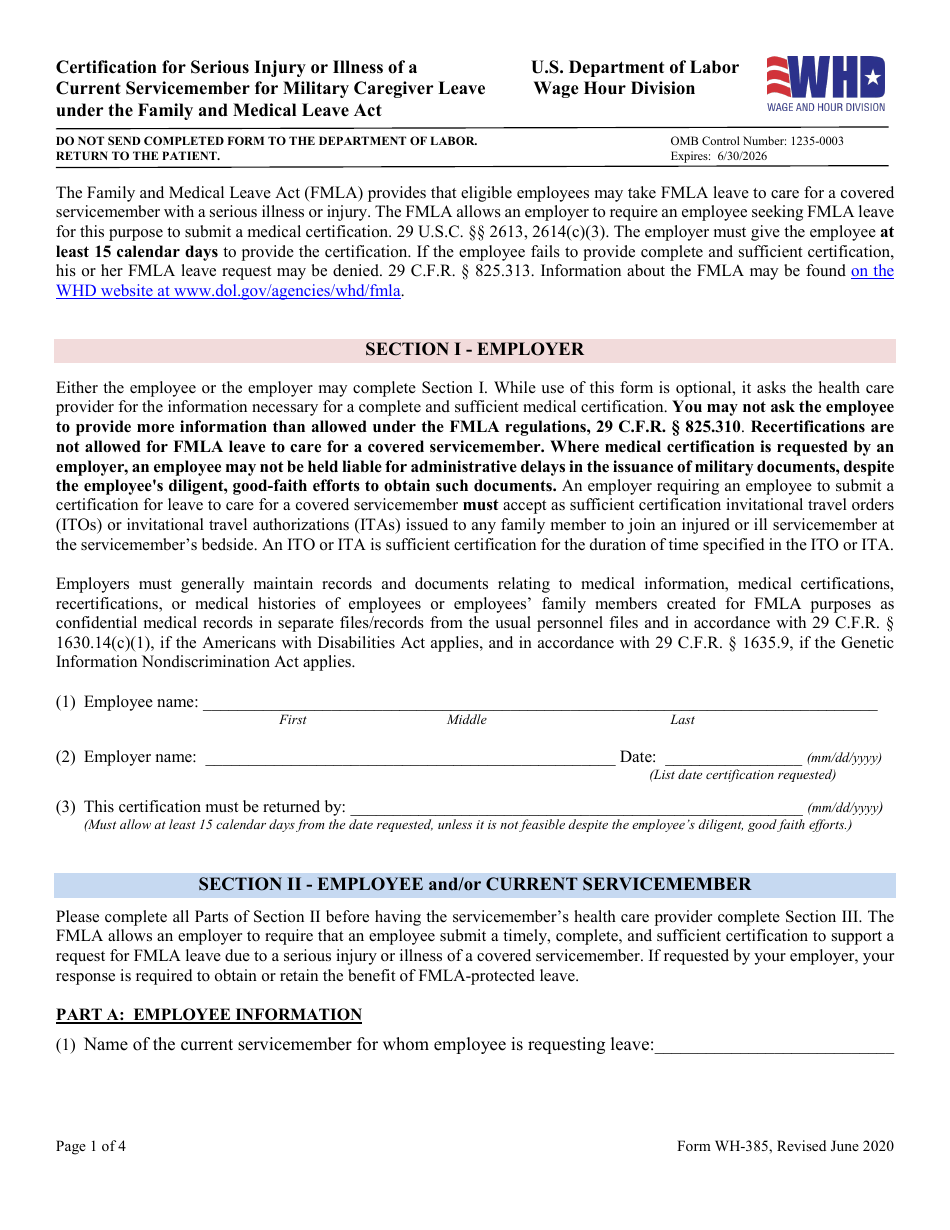 Form WH-385 Certification for Serious Injury or Illness of a Current Servicemember for Military Caregiver Leave Under the Family and Medical Leave Act, Page 1
