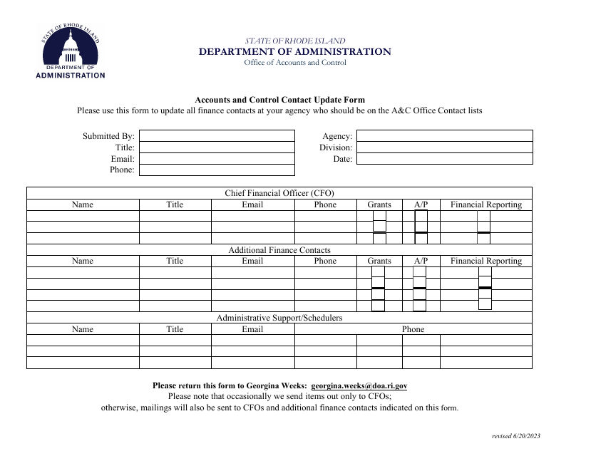 Accounts and Control Contact Update Form - Rhode Island