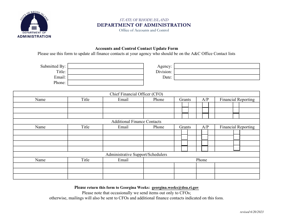Accounts and Control Contact Update Form - Rhode Island, Page 1