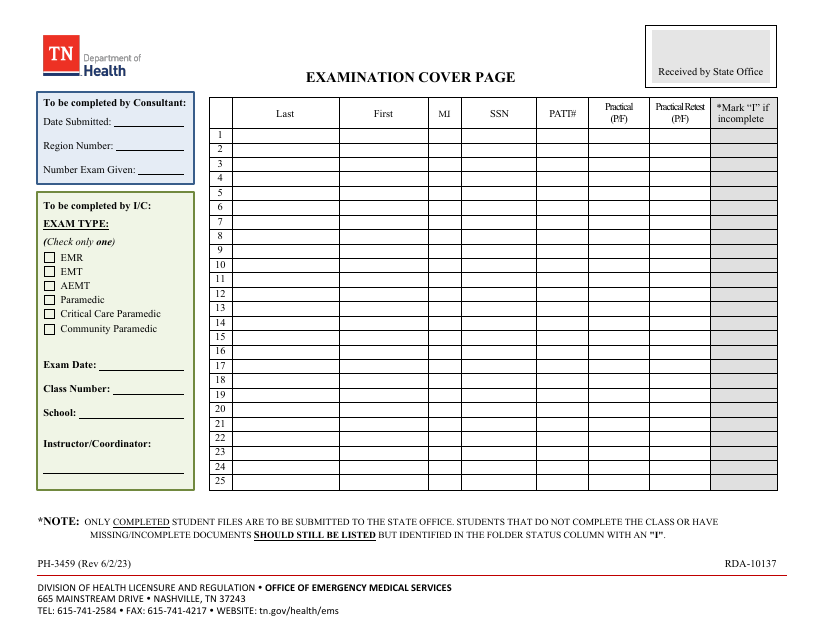 Form PH-3459 Examination Cover Page - Tennessee