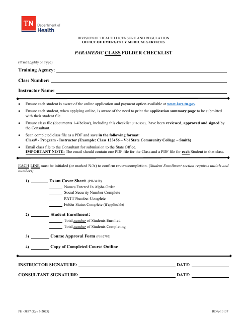Form PH-3857 Paramedic Class Folder Checklist - Tennessee