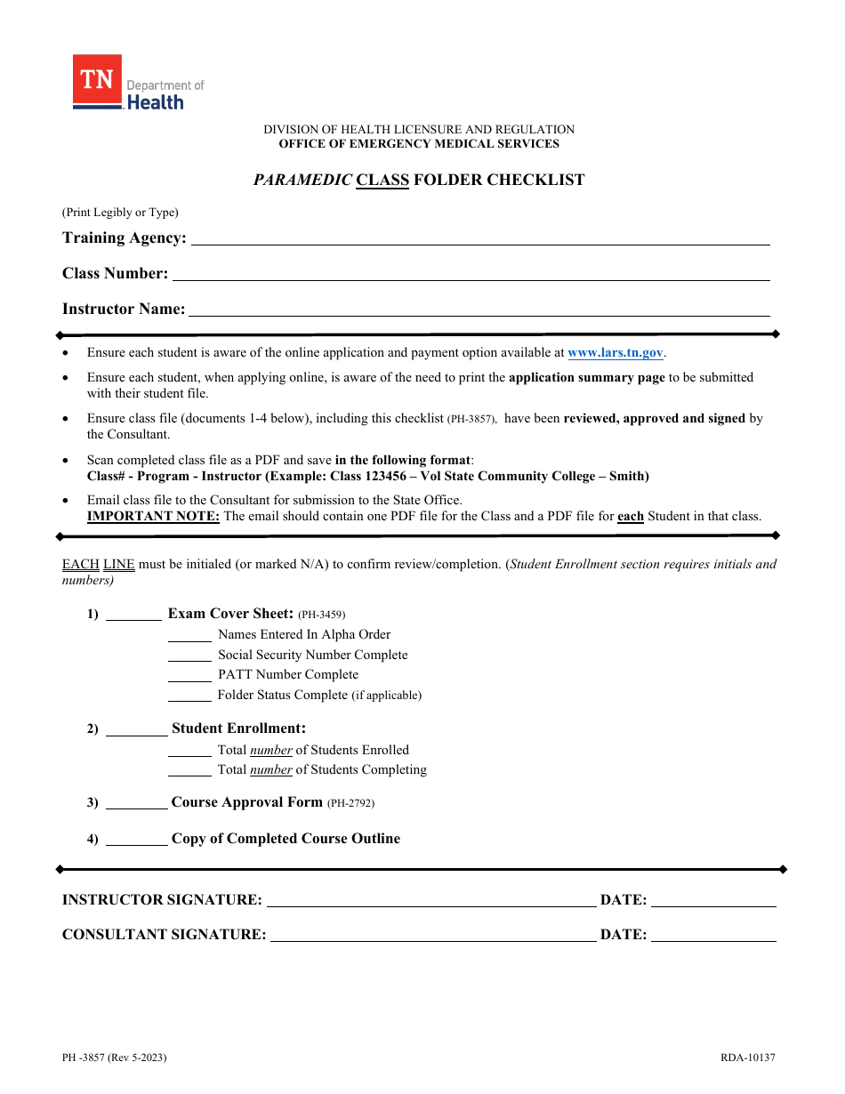 Form PH-3857 Paramedic Class Folder Checklist - Tennessee, Page 1