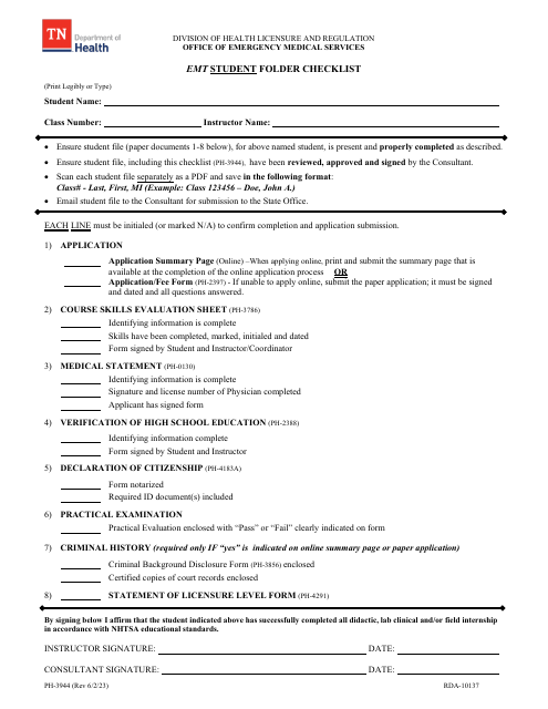 Form PH-3944 Emt Student Folder Checklist - Tennessee