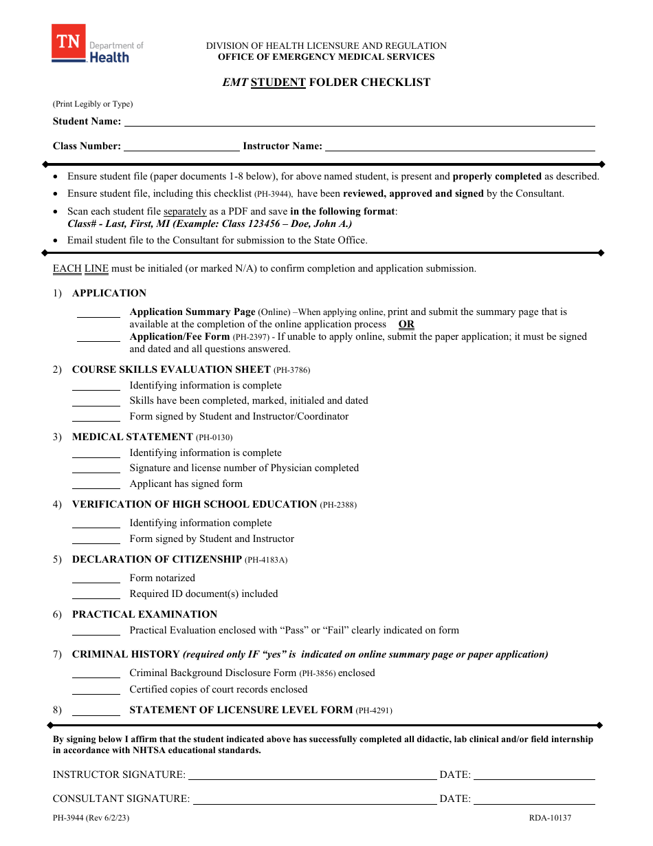 Form PH-3944 Emt Student Folder Checklist - Tennessee, Page 1
