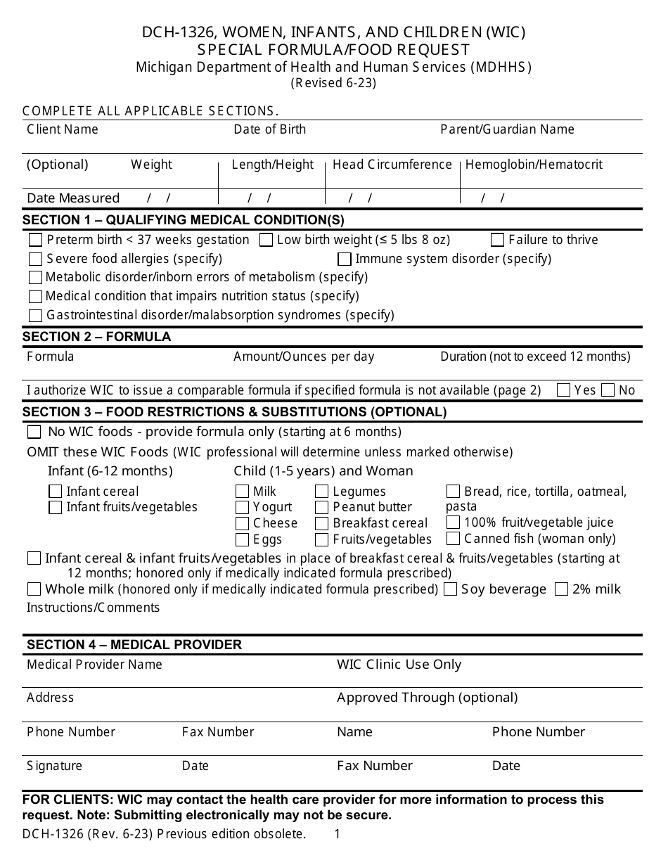 Form DCH-1326 Women, Infants, and Children (Wic) Special Formula / Food Request - Michigan, Page 1