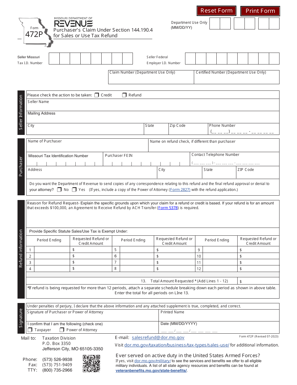 Form 472P Purchasers Claim Under Section 144.190.4 for Sales or Use Tax Refund - Missouri, Page 2