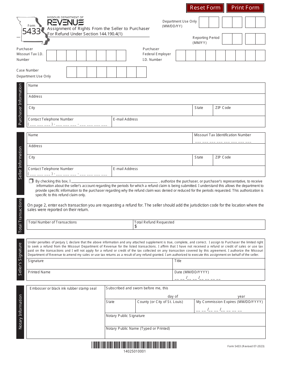 Form 5433 Assignment of Rights From the Seller to Purchaser for Refund Under Section 144.190.4(1) - Missouri, Page 1