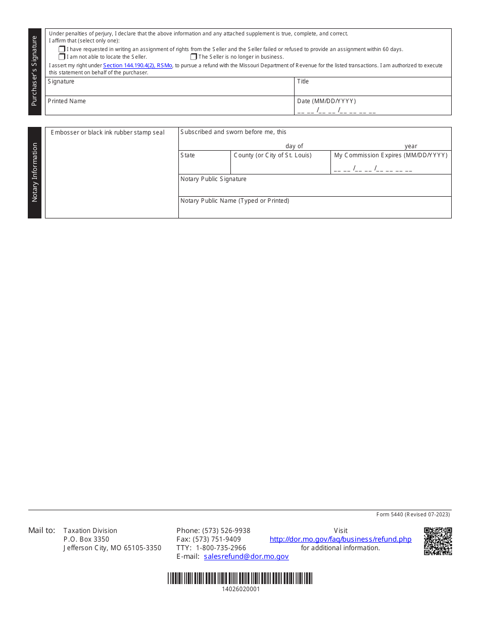 Form 5440 Statement Confirming Purchasers Efforts to Obtain an Assignment of Rights From the Seller for Refund Under Section 144.190.4(2) - Missouri, Page 2