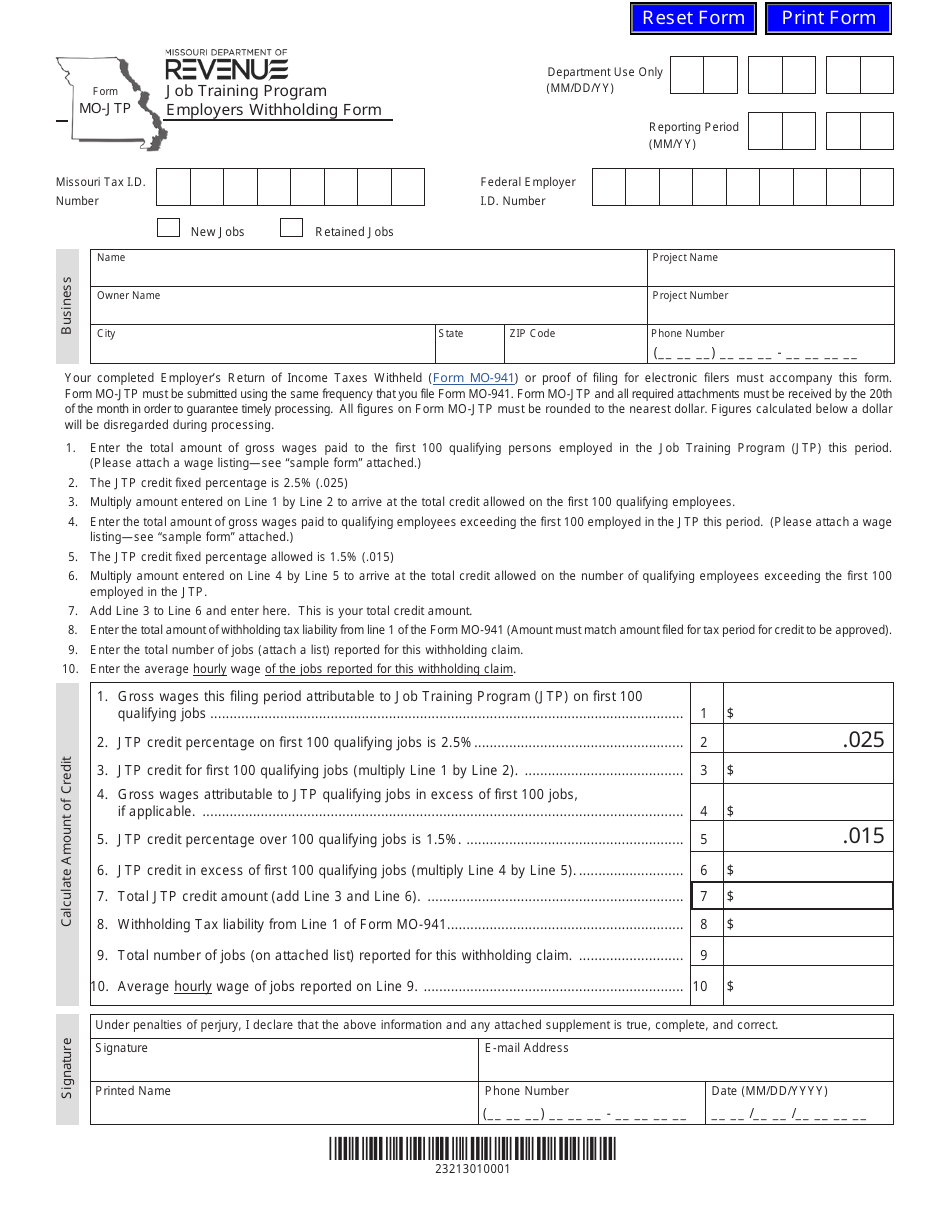 Form MO JTP Fill Out Sign Online And Download Fillable PDF Missouri   Form Mo Jtp Job Training Program Employers Withholding Form Missouri Print Big 