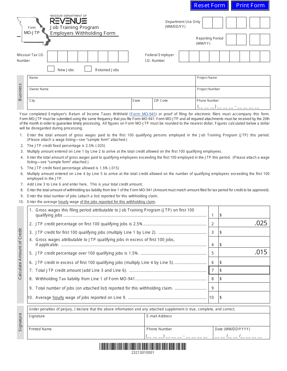 Form MO-JTP Job Training Program Employers Withholding Form - Missouri, Page 1