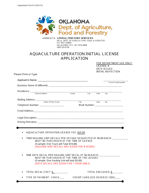 Form 01-AI Aquaculture Operation Initial License Application - Oklahoma