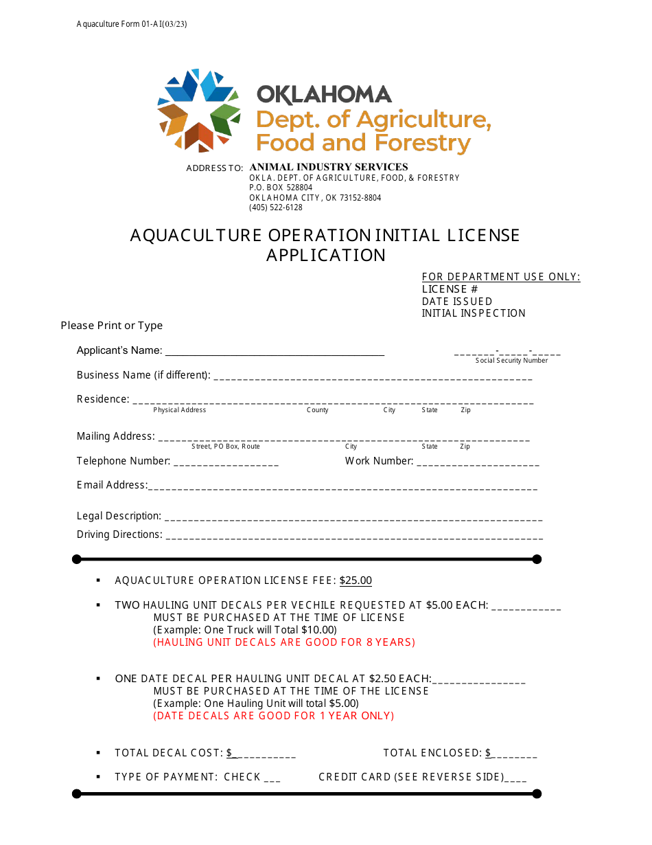 Form 01-AI Aquaculture Operation Initial License Application - Oklahoma, Page 1