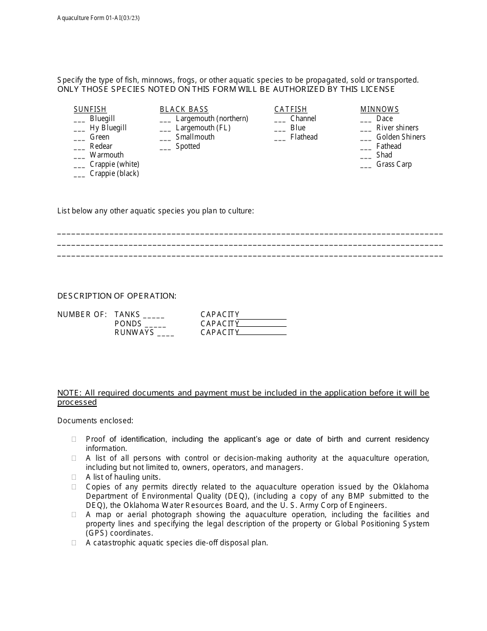 Form 01-AI Aquaculture Operation Initial License Application - Oklahoma, Page 3