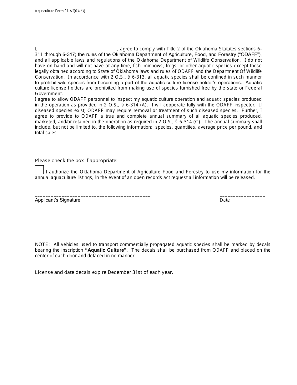 Form 01-AI Aquaculture Operation Initial License Application - Oklahoma, Page 4