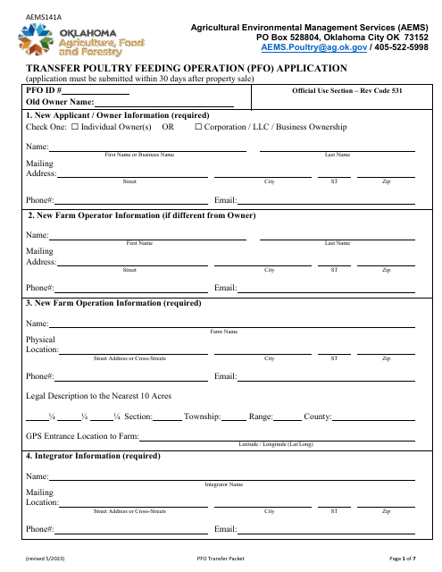 Form AEMS141A Transfer Poultry Feeding Operation (Pfo) Application - Oklahoma
