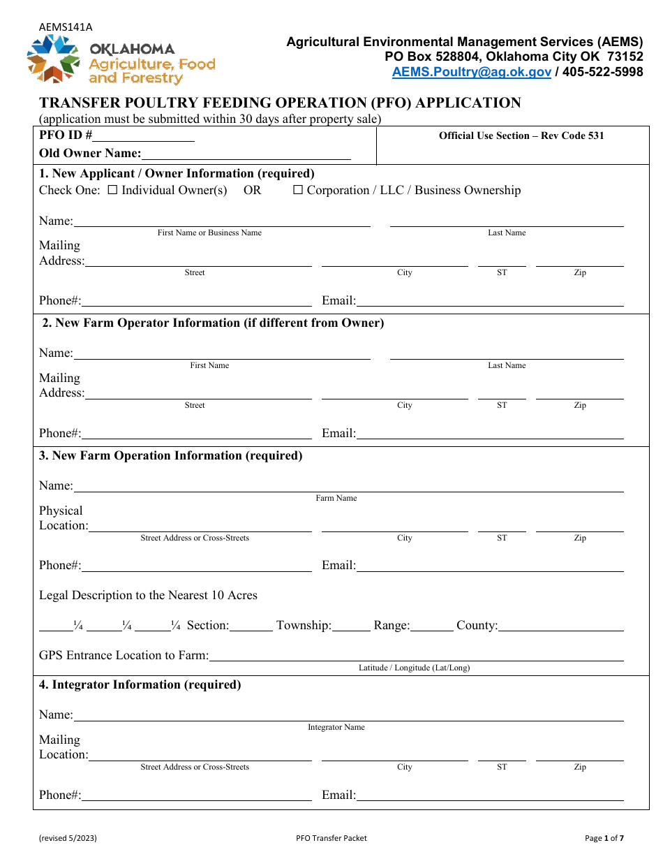 Form AEMS141A Transfer Poultry Feeding Operation (Pfo) Application - Oklahoma, Page 1