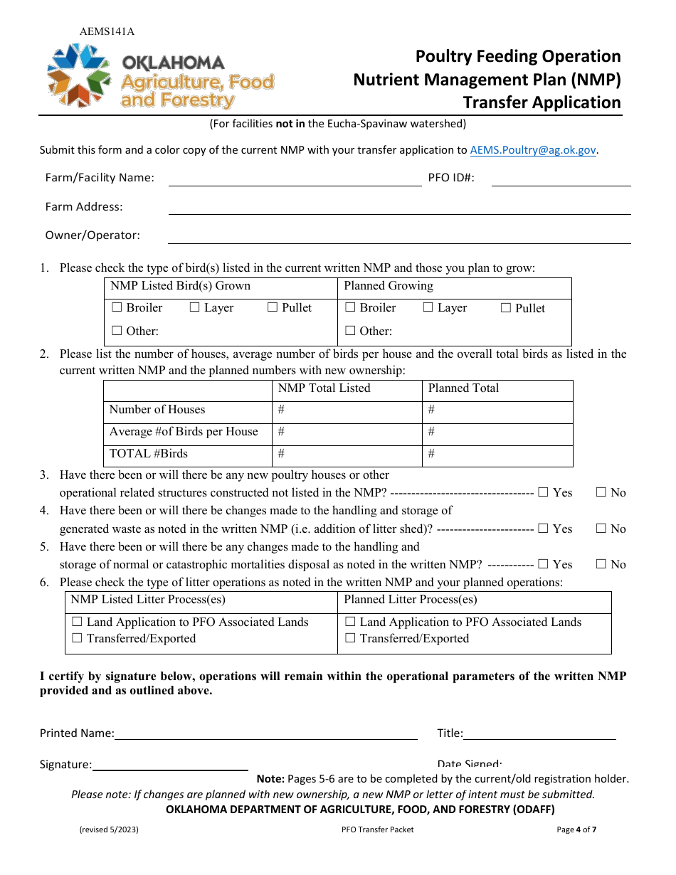 Form AEMS141A Transfer Poultry Feeding Operation (Pfo) Application - Oklahoma, Page 4