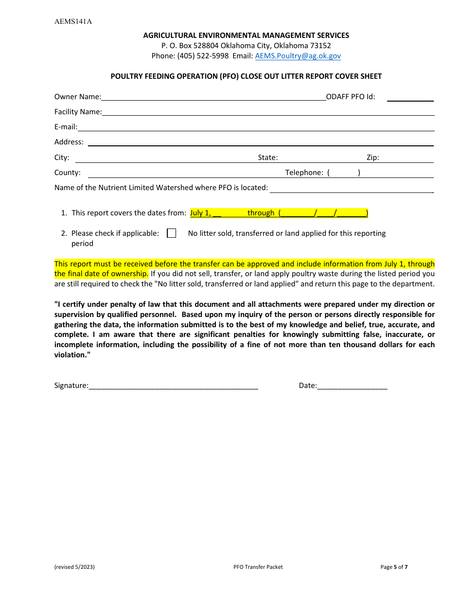 Form AEMS141A Transfer Poultry Feeding Operation (Pfo) Application - Oklahoma, Page 5