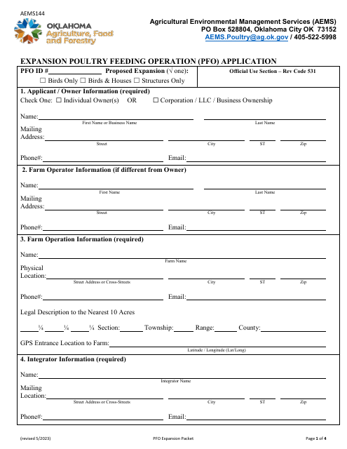 Form AEMS144 Expansion Poultry Feeding Operation (Pfo) Application - Oklahoma
