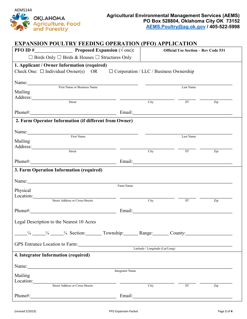 Form AEMS144 Expansion Poultry Feeding Operation (Pfo) Application - Oklahoma, Page 1