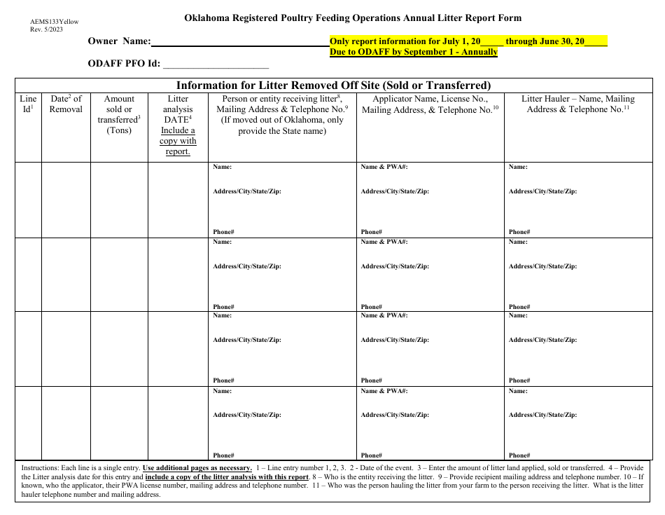 Form AEMS133YELLOW Poultry Feeding Operation (Pfo) Annual Report - Oklahoma, Page 3