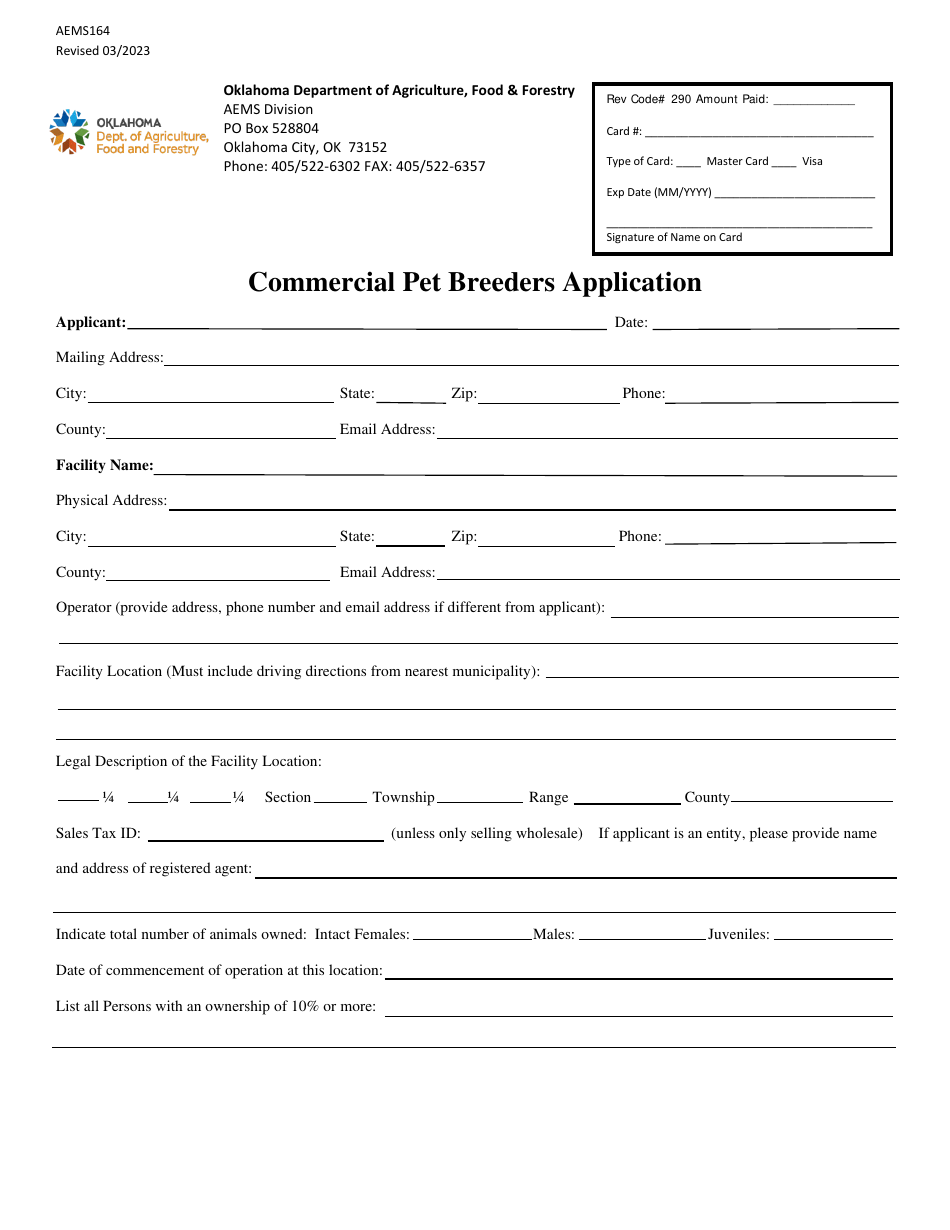 Form AEMS164 Commercial Pet Breeders Application - Oklahoma, Page 1