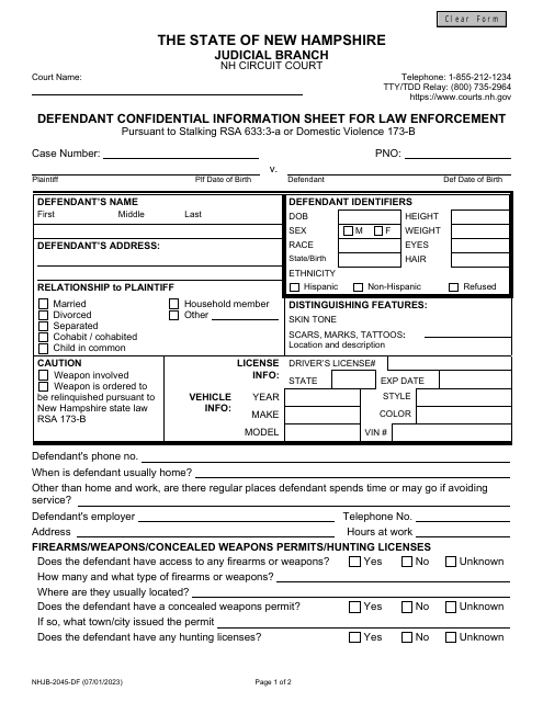 Form NHJB-2045-DF Defendant Confidential Information Sheet for Law Enforcement - New Hampshire