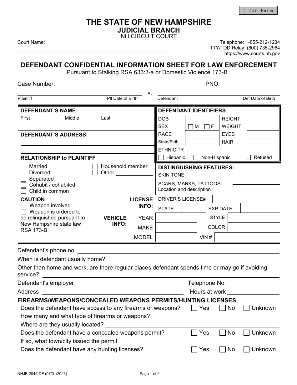 Form NHJB-2045-DF Defendant Confidential Information Sheet for Law Enforcement - New Hampshire, Page 1