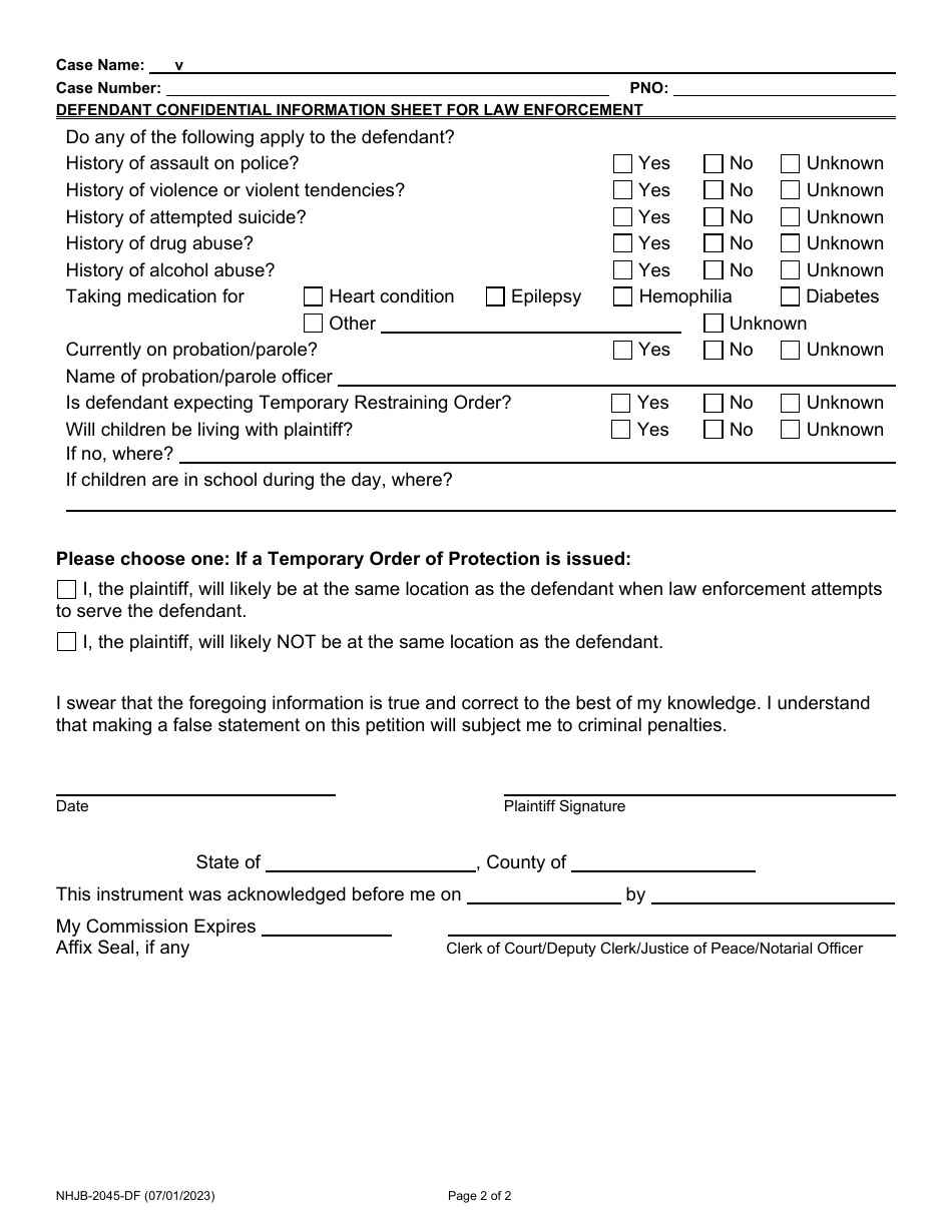 Form NHJB-2045-DF Defendant Confidential Information Sheet for Law Enforcement - New Hampshire, Page 2
