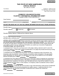 Document preview: Form NHJB-2043-DF Domestic Violence/Stalking Plantiff Confidential Information Sheet - New Hampshire