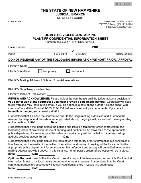 Form NHJB-2043-DF Domestic Violence/Stalking Plantiff Confidential Information Sheet - New Hampshire