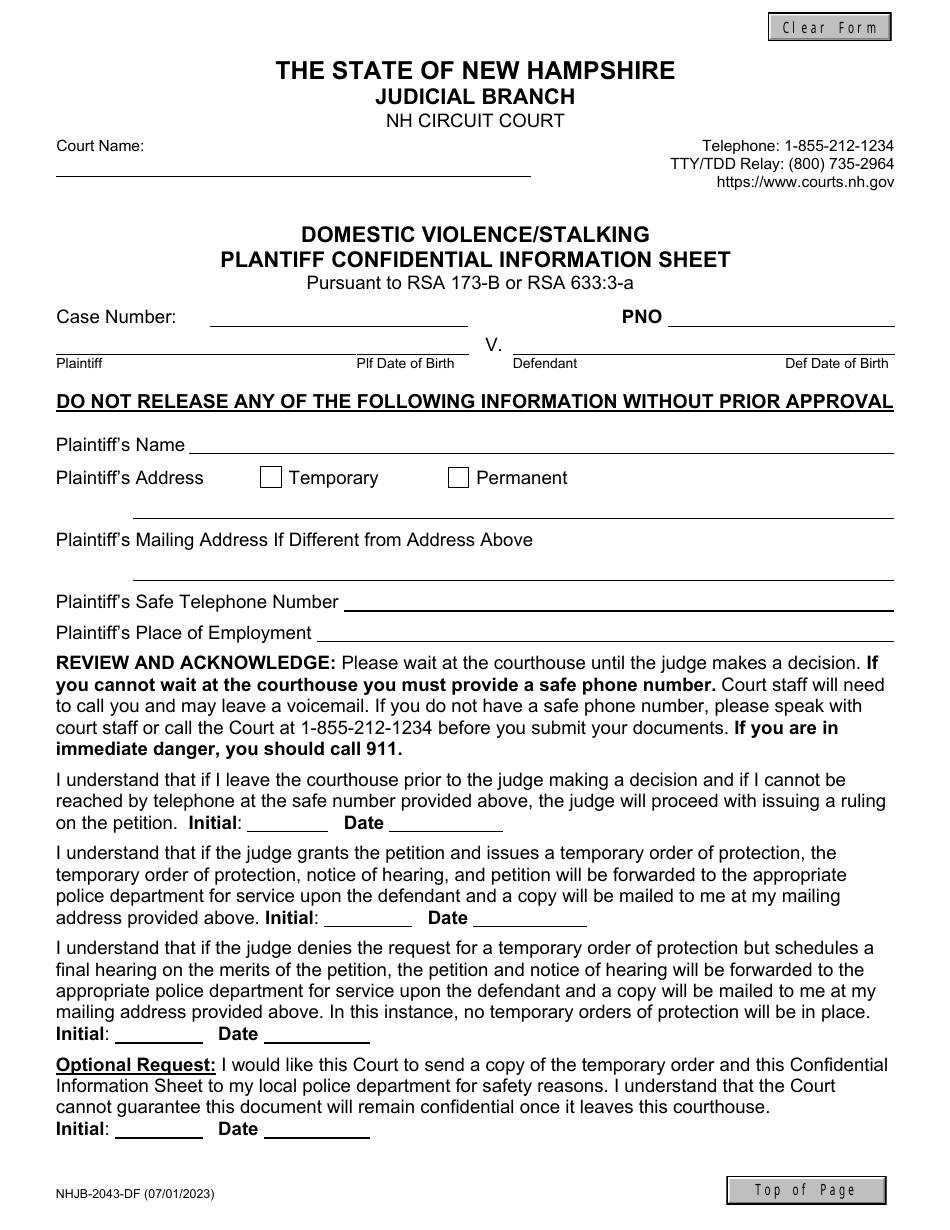 Form NHJB-2043-DF Domestic Violence / Stalking Plantiff Confidential Information Sheet - New Hampshire, Page 1