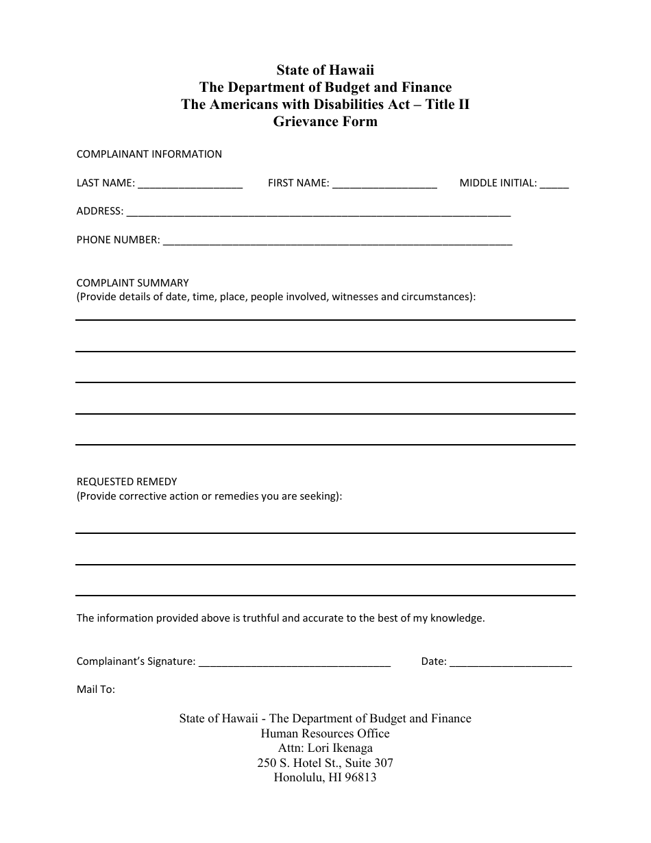 The Americans With Disabilities Act - Title II Grievance Form - Hawaii, Page 1