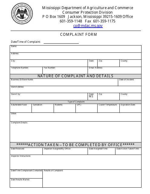 Consumer Complaint Form - Mississippi Download Pdf