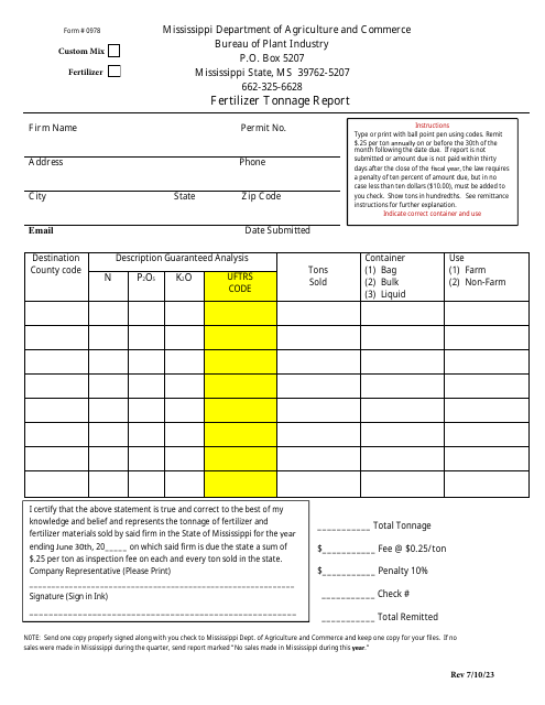 Form 0978 Fertilizer Tonnage Report - Mississippi