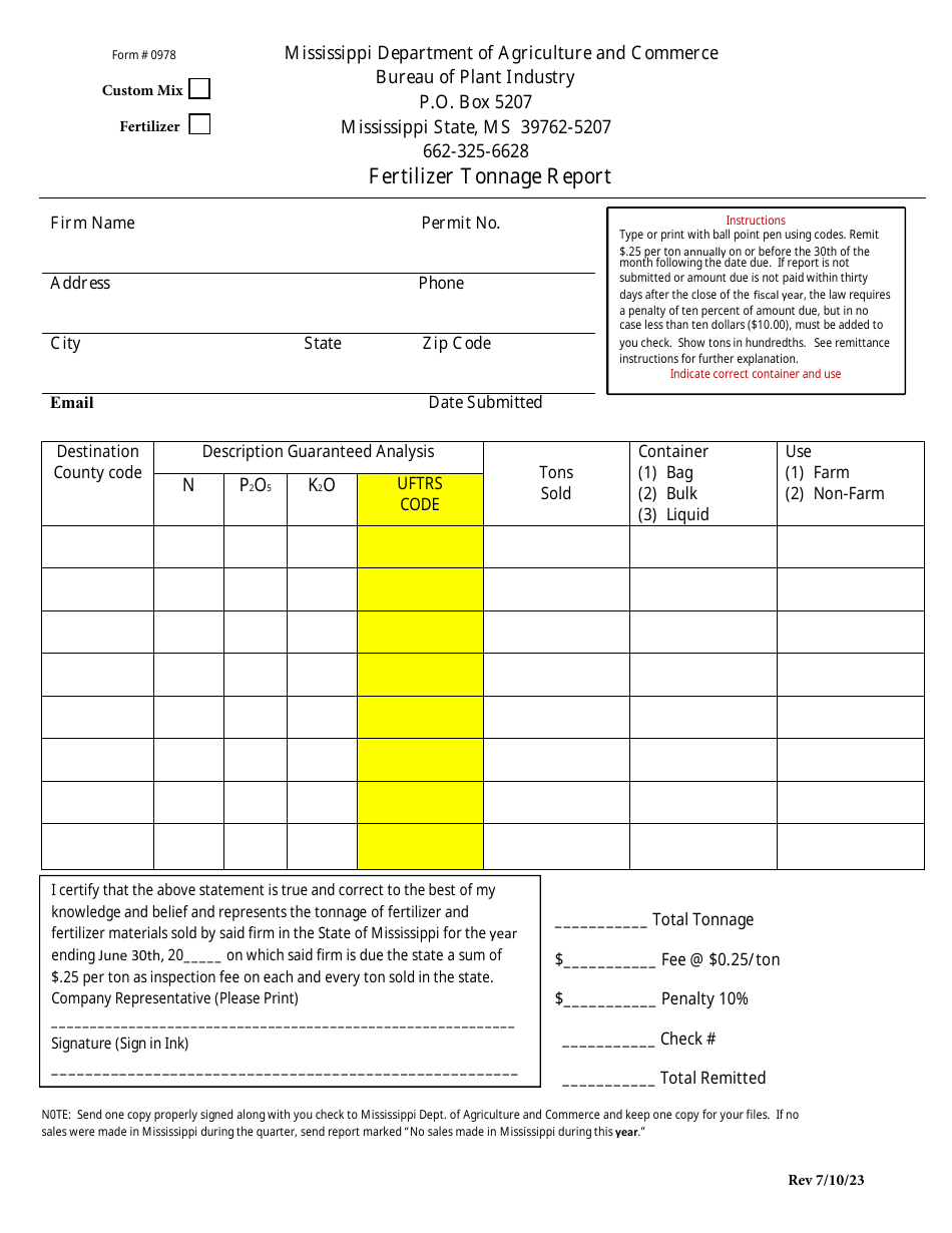 Form 0978 Fertilizer Tonnage Report - Mississippi, Page 1