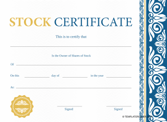 Document preview: Stock Certificate Template - Blue