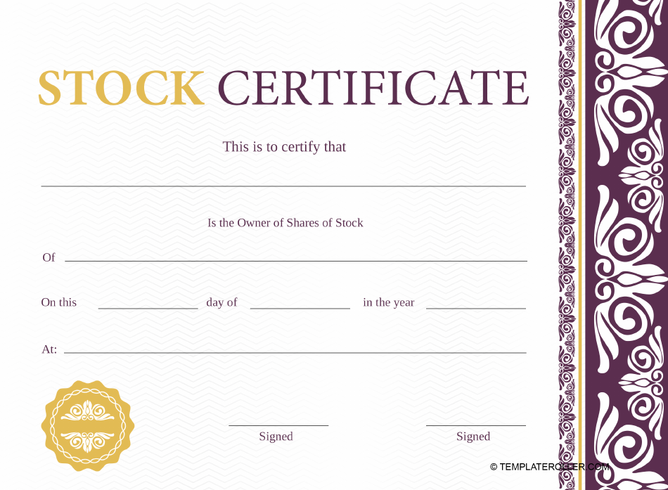 Stock certificate template featuring a stylish violet design