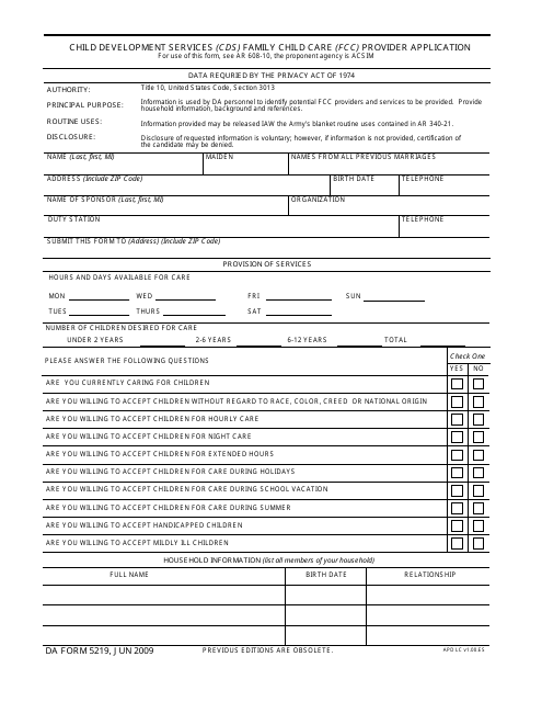 DA Form 5219  Printable Pdf