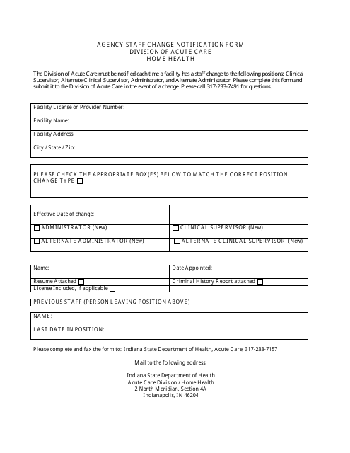 Home Health Agency Staff Change Notification Form - Indiana Download Pdf