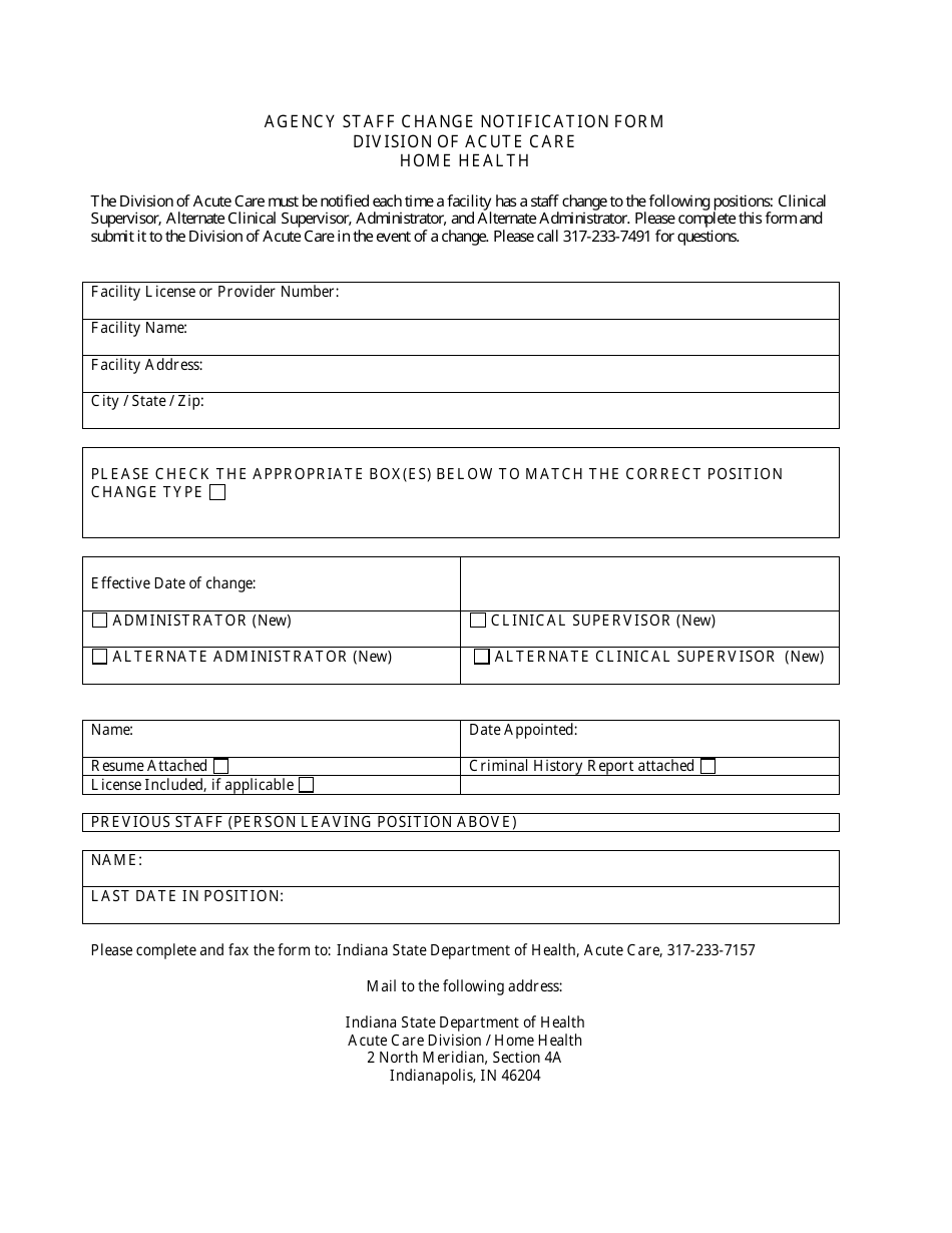 Home Health Agency Staff Change Notification Form - Indiana, Page 1