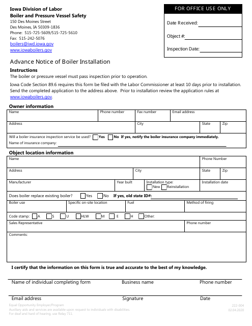 Form 222-004 Advance Notice of Boiler Installation - Iowa